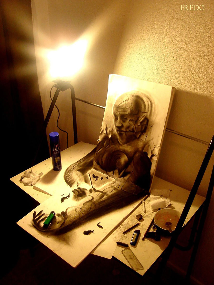 Realistic 3D drawing of a person emerging from the paper on a drawing board with art supplies under a bright light. Realistic 3D drawing of a person emerging from the paper on a drawing board with art supplies under a bright light.
