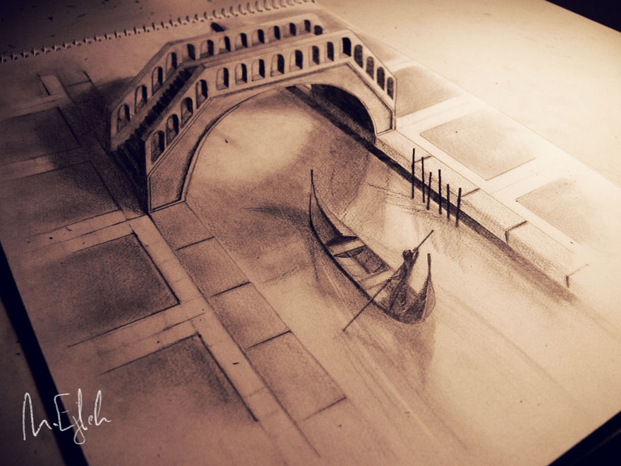 Realistic 3D drawing of a bridge and gondola, showcasing detailed architecture and reflective water effects. Realistic 3D drawing of a bridge and gondola, showcasing detailed architecture and reflective water effects.