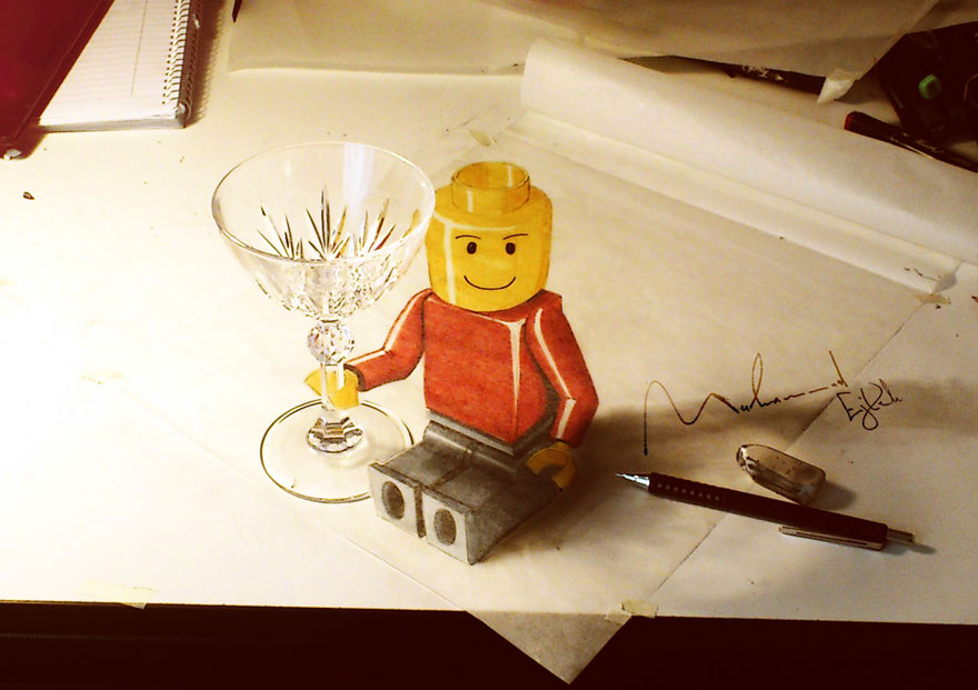 Realistic 3D drawing of a LEGO figure holding a glass, showcased on a desk with art tools. Realistic 3D drawing of a LEGO figure holding a glass, showcased on a desk with art tools.