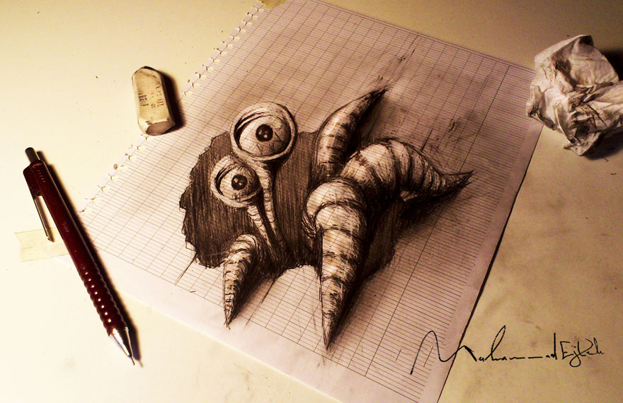 Realistic 3D drawing of a creature on graph paper, with a pencil, eraser, and crumpled paper nearby. Realistic 3D drawing of a creature on graph paper, with a pencil, eraser, and crumpled paper nearby.