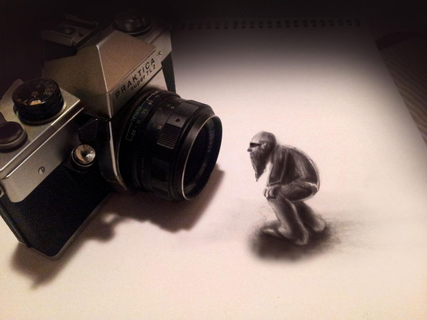 Realistic 3D drawing of a bearded figure appears next to a vintage camera on paper. Realistic 3D drawing of a bearded figure appears next to a vintage camera on paper.