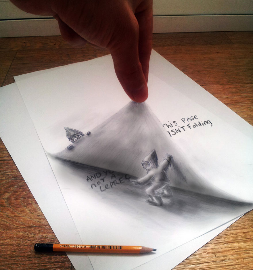 Realistic 3D drawing of a hand lifting a page with tiny gnome figures beneath, pencil nearby. Realistic 3D drawing of a hand lifting a page with tiny gnome figures beneath, pencil nearby.