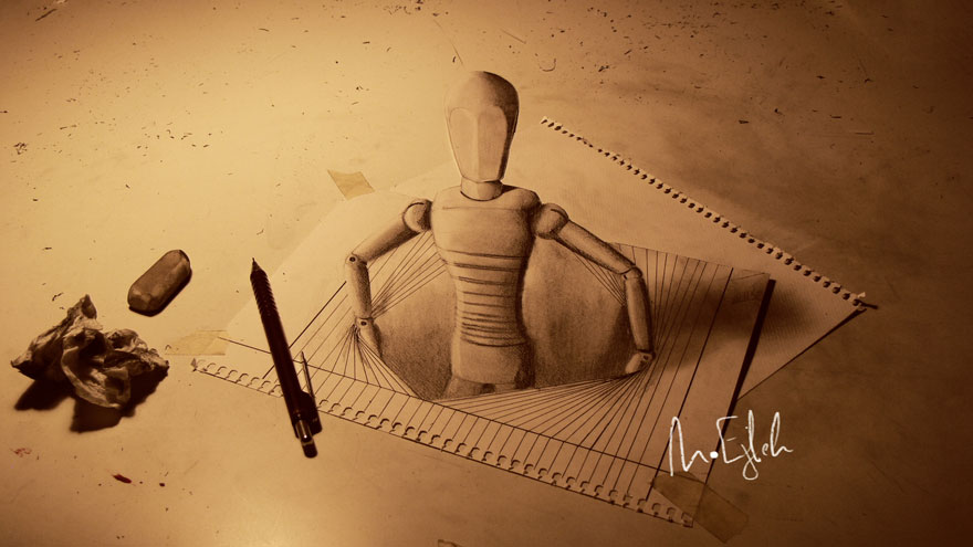 Realistic 3D drawing of a mannequin emerging from a sketchbook with a pencil and eraser nearby. Realistic 3D drawing of a mannequin emerging from a sketchbook with a pencil and eraser nearby.