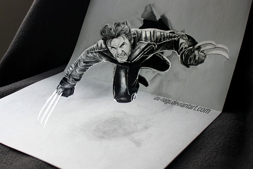 Realistic 3D drawing of a character with claws, appearing to leap out of the page, showcasing artistic skills. Realistic 3D drawing of a character with claws, appearing to leap out of the page, showcasing artistic skills.