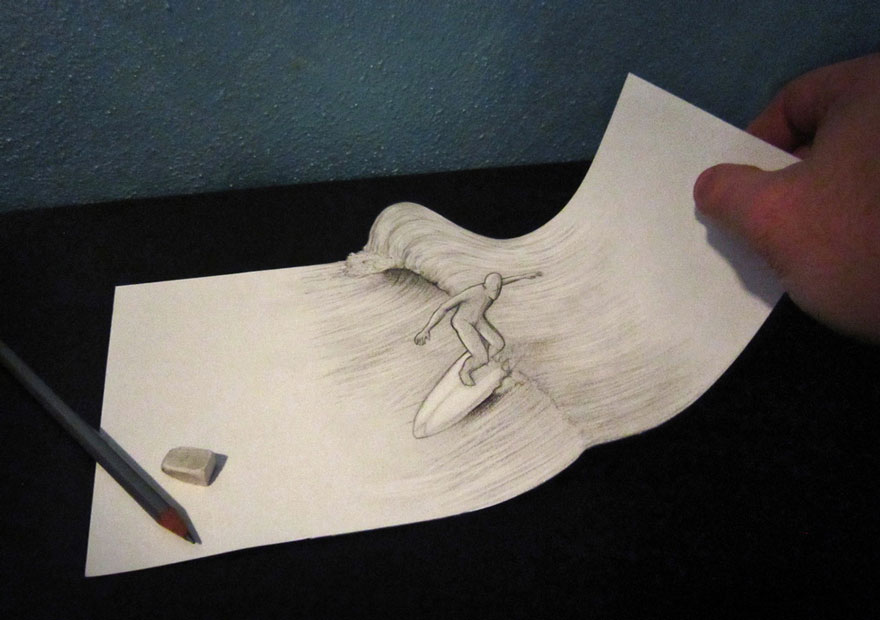 Realistic 3D drawing of a surfer riding a wave on a sheet of paper, with a pencil and eraser nearby. Realistic 3D drawing of a surfer riding a wave on a sheet of paper, with a pencil and eraser nearby.