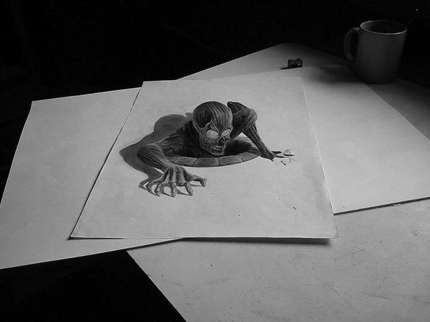 Realistic 3D drawing of a creature emerging from paper on a desk, creating an optical illusion. Realistic 3D drawing of a creature emerging from paper on a desk, creating an optical illusion.