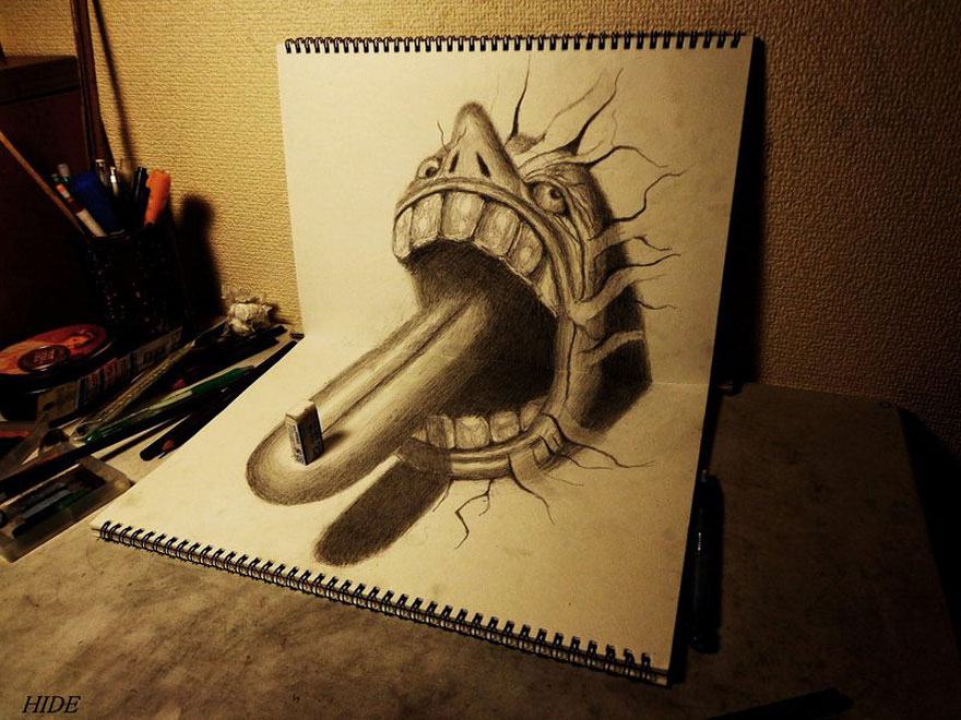 Realistic 3D drawing of a mouth with a tongue extending onto a table, creating a striking optical illusion. Realistic 3D drawing of a mouth with a tongue extending onto a table, creating a striking optical illusion.