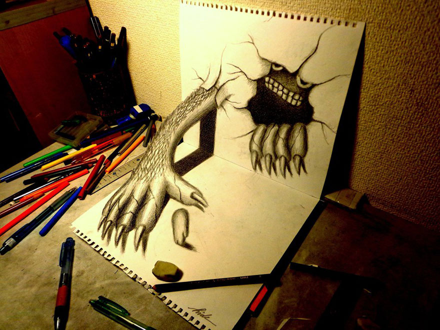 Realistic 3D drawing of a creature breaking through paper with art supplies scattered on a desk. Realistic 3D drawing of a creature breaking through paper with art supplies scattered on a desk.