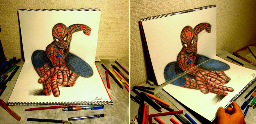 Realistic 3D drawing of Spider-Man emerging from a sketchbook, surrounded by colored pencils on a desk. Realistic 3D drawing of Spider-Man emerging from a sketchbook, surrounded by colored pencils on a desk.