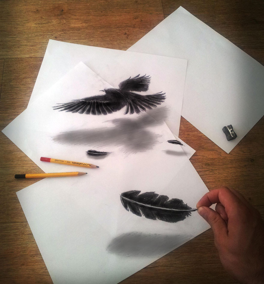 Realistic 3D drawing of a bird and feather, with pencils and eraser on a wooden surface. Realistic 3D drawing of a bird and feather, with pencils and eraser on a wooden surface.