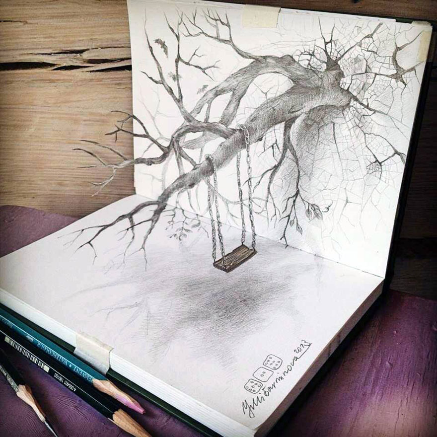 Realistic 3D drawing of a tree branch with swing, appearing to emerge from a sketchbook. Realistic 3D drawing of a tree branch with swing, appearing to emerge from a sketchbook.