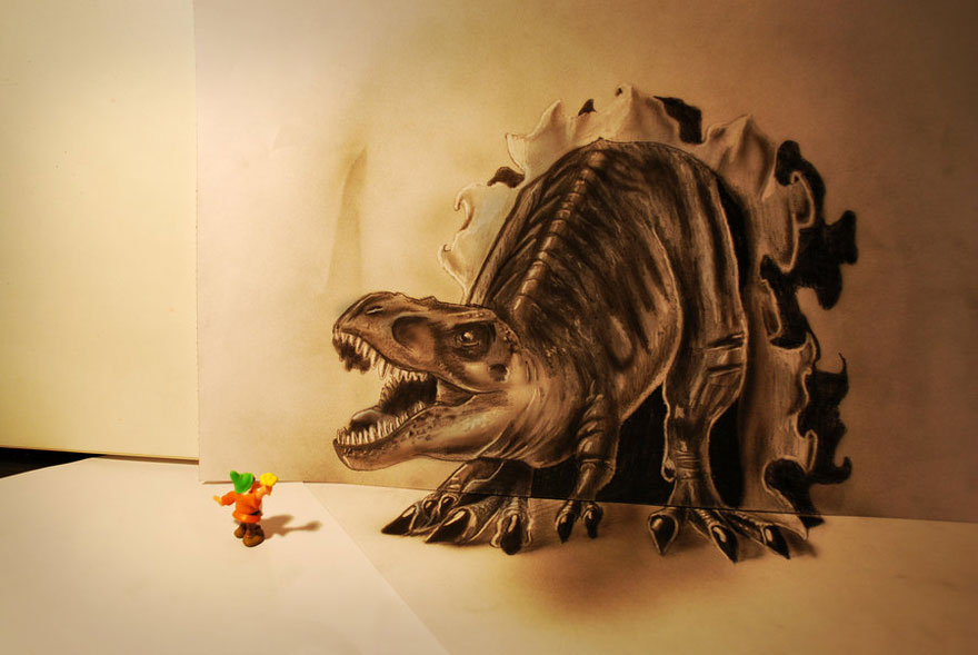 Realistic 3D drawing of a roaring dinosaur emerging from a page, startling a small toy figure in front. Realistic 3D drawing of a roaring dinosaur emerging from a page, startling a small toy figure in front.
