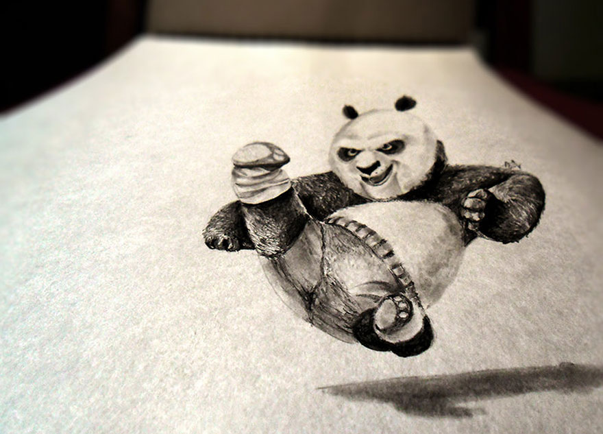 Realistic 3D drawing of an animated panda appearing to leap off the page, showcasing detailed artistry and depth. Realistic 3D drawing of an animated panda appearing to leap off the page, showcasing detailed artistry and depth.