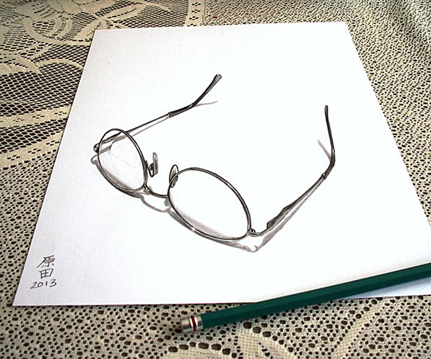 Realistic 3D drawing of glasses on paper with a pencil nearby, showcasing detailed artistry. Realistic 3D drawing of glasses on paper with a pencil nearby, showcasing detailed artistry.
