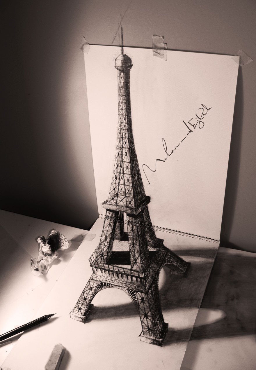 Realistic 3D drawing of the Eiffel Tower on paper, creating a striking optical illusion. Realistic 3D drawing of the Eiffel Tower on paper, creating a striking optical illusion.
