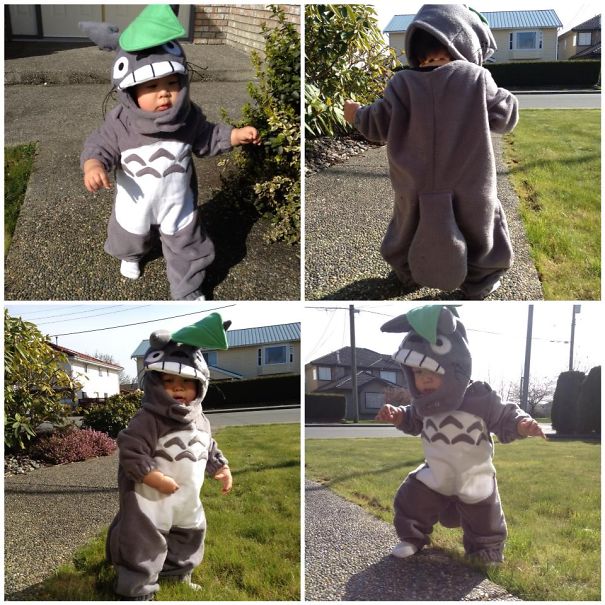 Toddler wearing a detailed grey and white animal costume outside showcasing children's Halloween costume ideas.