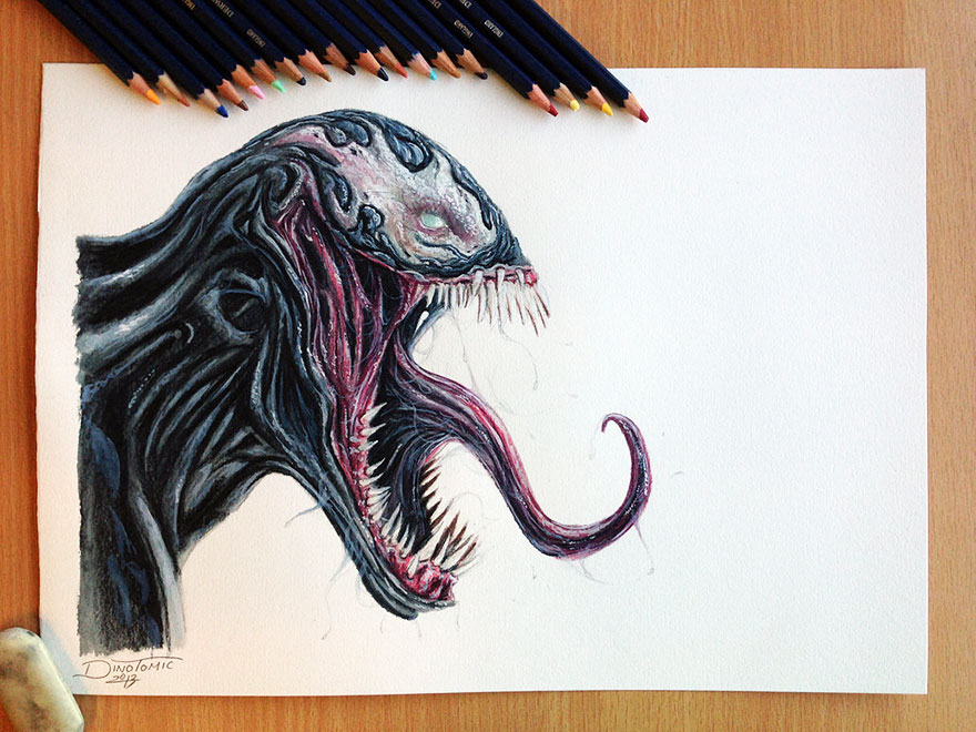 Expressive pencil drawing by Dino Tomic of a creature with an open mouth and detailed textures, surrounded by colored pencils. Expressive pencil drawing by Dino Tomic of a creature with an open mouth and detailed textures, surrounded by colored pencils.