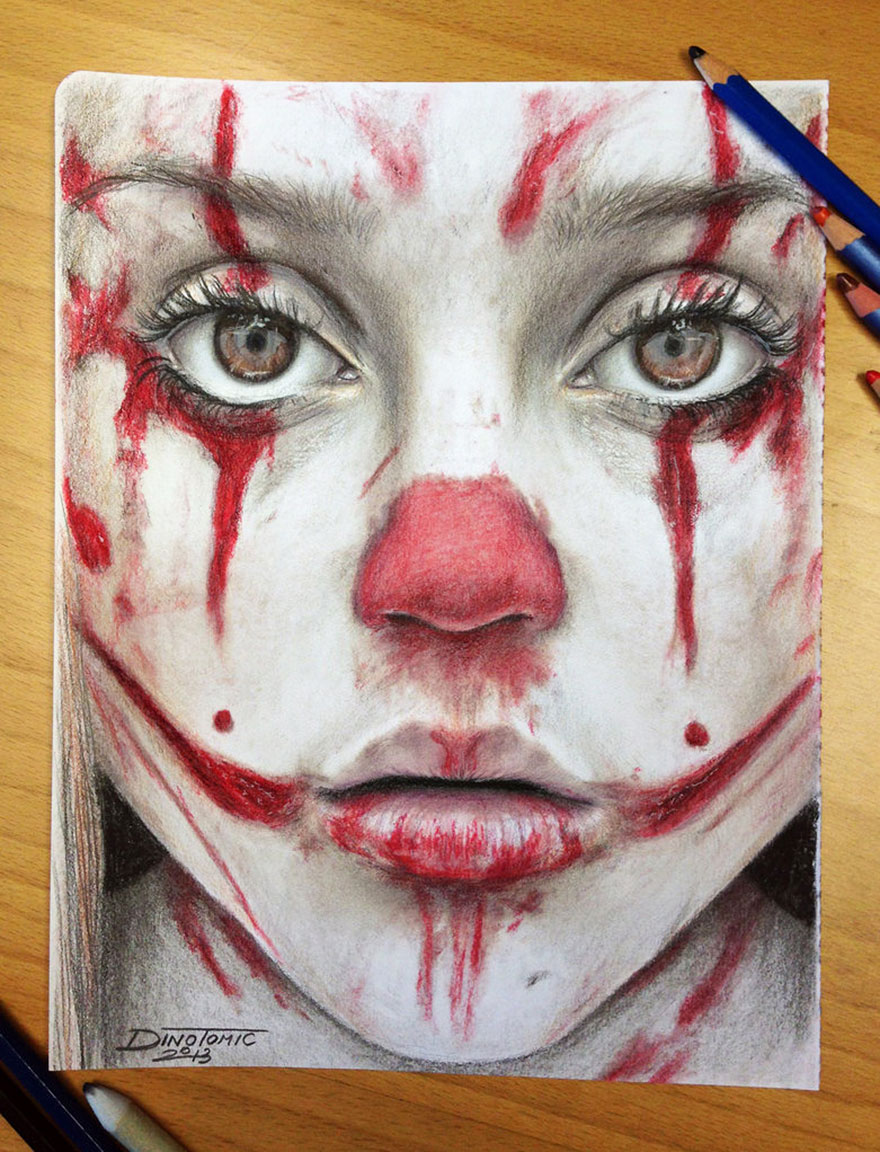 Expressive pencil drawing by Dino Tomic featuring a face with red and white paint, showing intense expression. Expressive pencil drawing by Dino Tomic featuring a face with red and white paint, showing intense expression.
