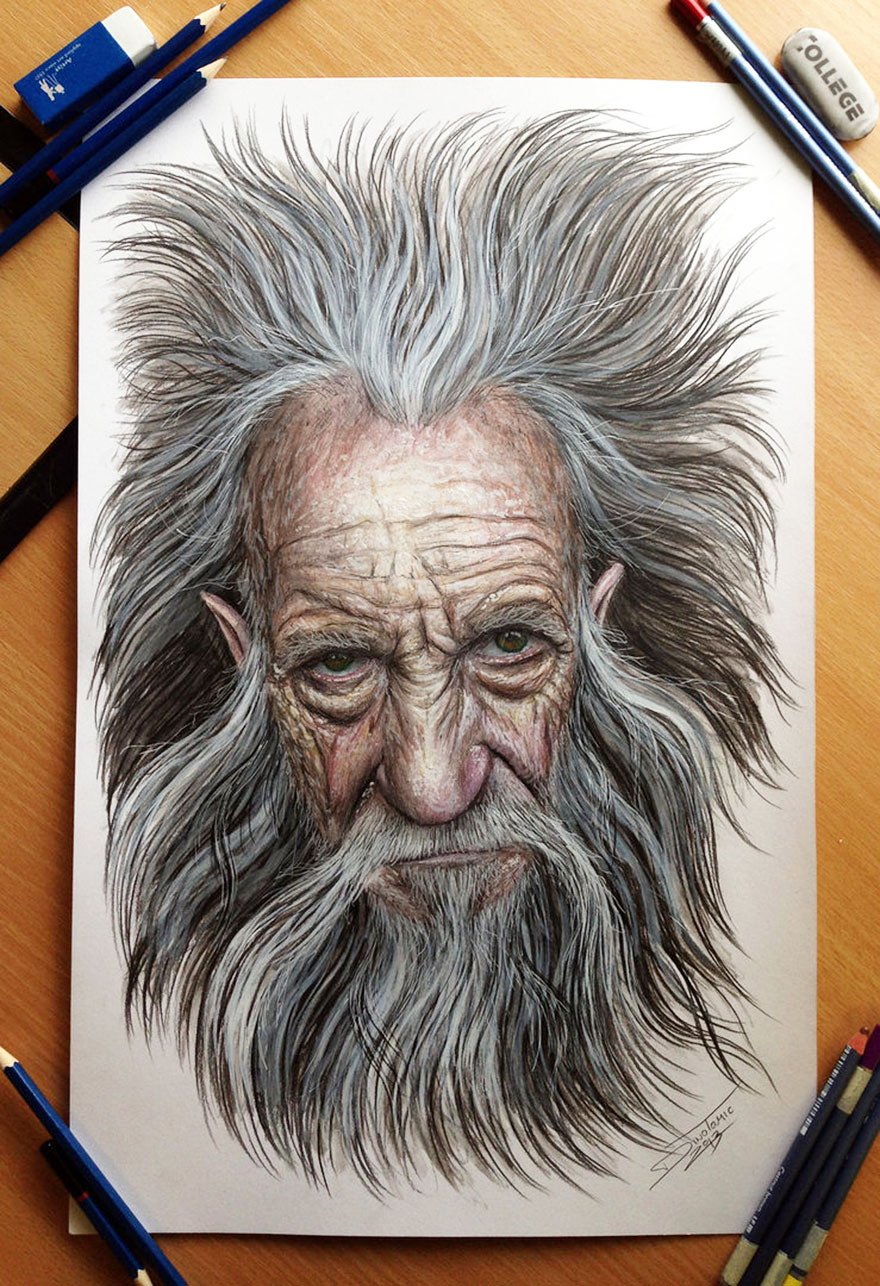 Expressive pencil drawing by Dino Tomic of an elderly man with wild hair, surrounded by colored pencils. Expressive pencil drawing by Dino Tomic of an elderly man with wild hair, surrounded by colored pencils.