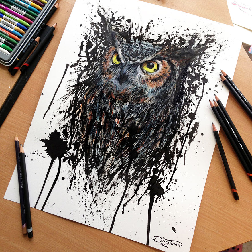 Expressive pencil drawing of a vivid owl by Dino Tomic, surrounded by scattered pencils and color sticks. Expressive pencil drawing of a vivid owl by Dino Tomic, surrounded by scattered pencils and color sticks.