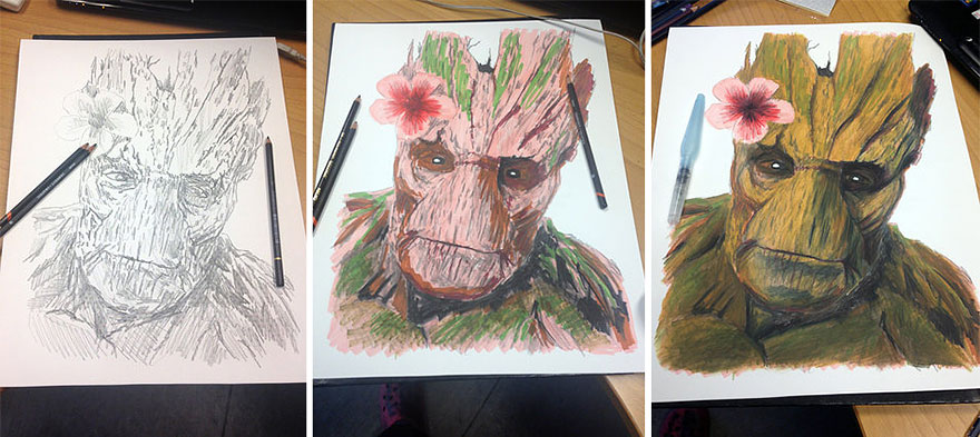Expressive pencil drawing by Dino Tomic showing stages of a realistic Groot portrait with colored pencils. Expressive pencil drawing by Dino Tomic showing stages of a realistic Groot portrait with colored pencils.