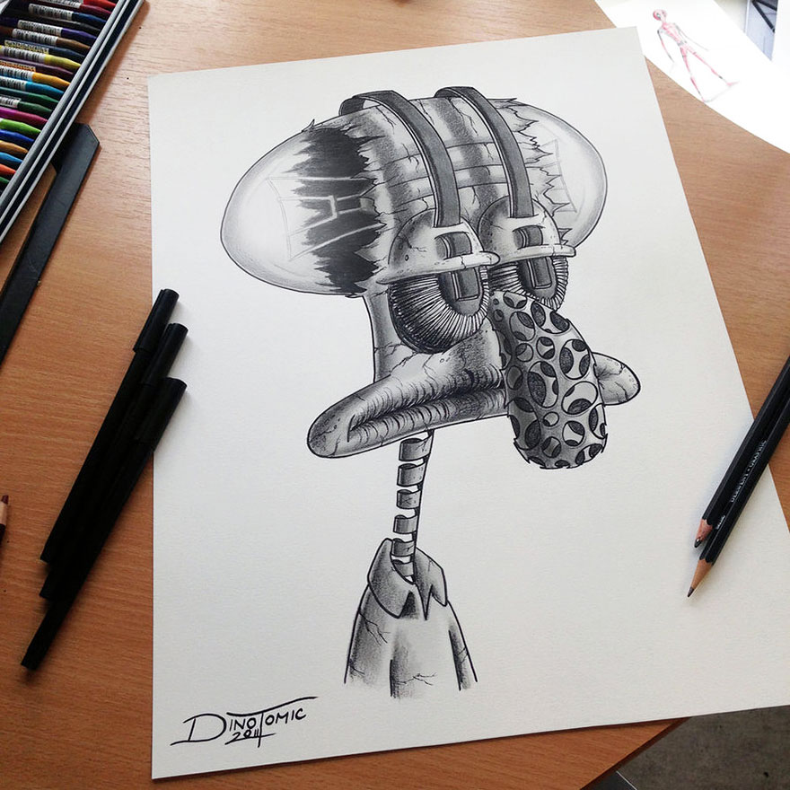 Expressive pencil drawing by Dino Tomic of a unique character on a desk beside colored pencils. Expressive pencil drawing by Dino Tomic of a unique character on a desk beside colored pencils.