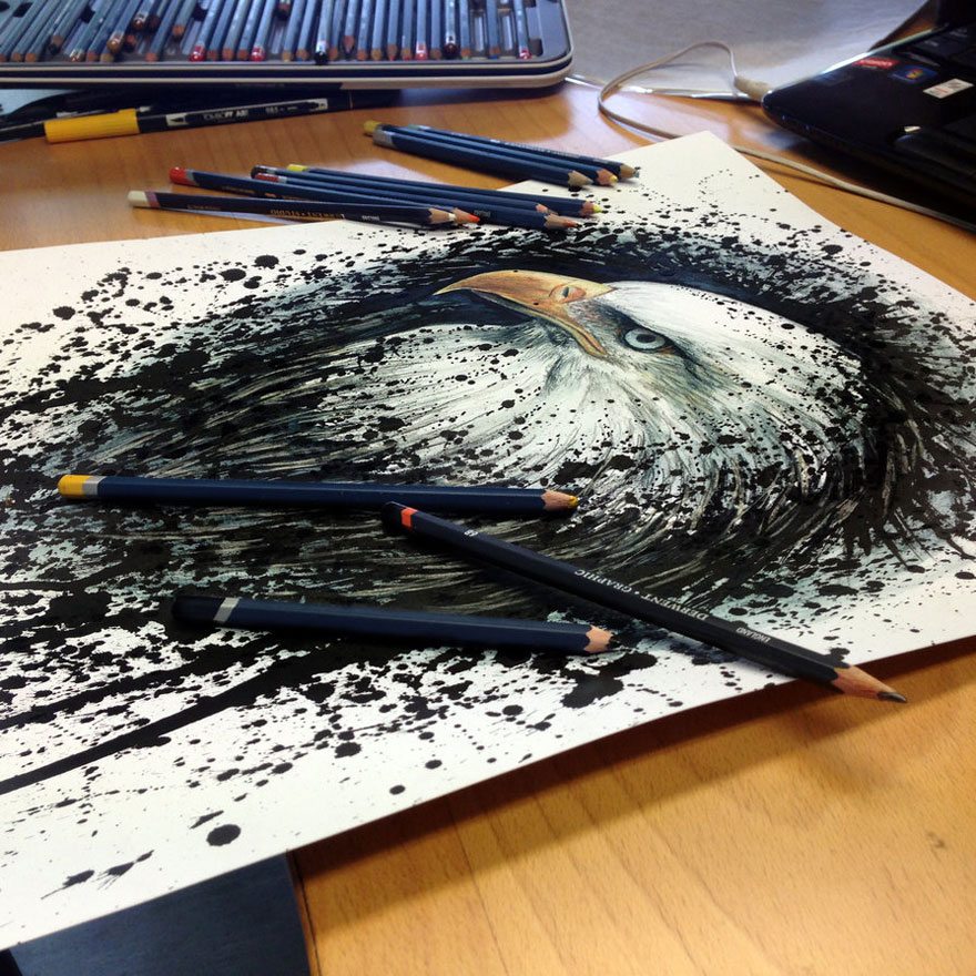 Expressive pencil drawings: realistic eagle eye with scattered pencils by Dino Tomic.