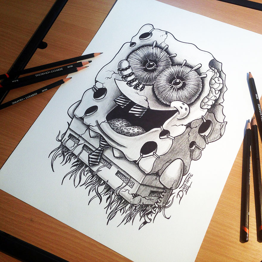 Expressive pencil drawing by Dino Tomic depicting a surreal, detailed character with intricate textures and shapes. Expressive pencil drawing by Dino Tomic depicting a surreal, detailed character with intricate textures and shapes.