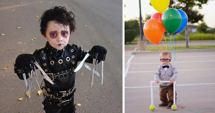 Child in spooky Halloween costume with blades and toddler with balloons in creative children's Halloween costume ideas.