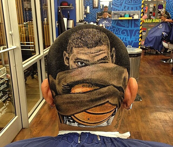 Craziest haircut depicting a realistic portrait of a basketball player on the back of a person's head.