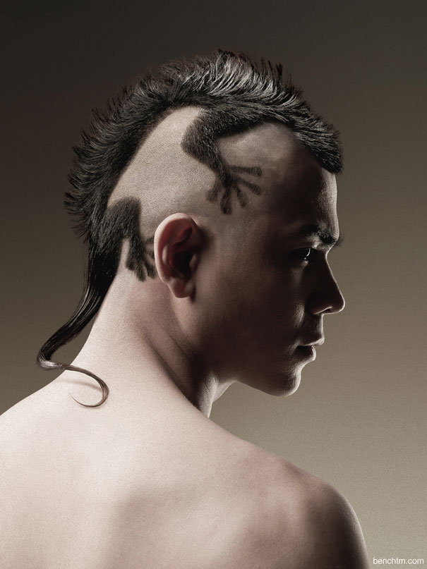 Man with a mohawk featuring a lizard design shaved into the sides, showcasing one of the craziest haircuts.
