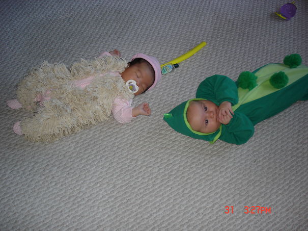 Two babies lying on carpet wearing creative children's Halloween costume ideas including a furry animal and a green frog outfit.