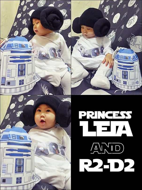 Child dressed as Princess Leia with R2-D2 toy, a creative children's Halloween costume idea for themed events.