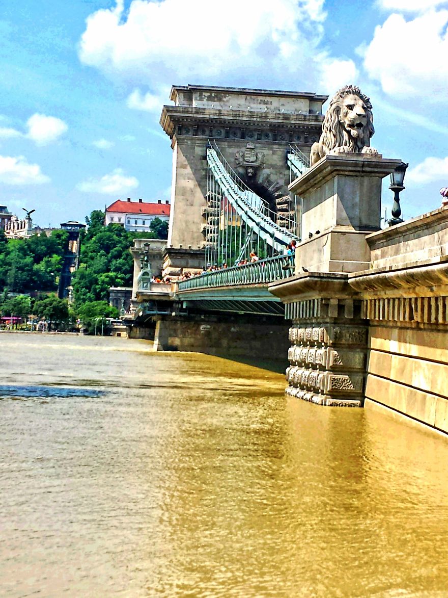 Stone lion statue on a mystical bridge over a river with blue sky and green trees in the background.