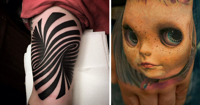 Abstract black and white spiral 3D tattoo on arm next to a realistic doll face 3D tattoo on hand showcasing mind-twisting designs