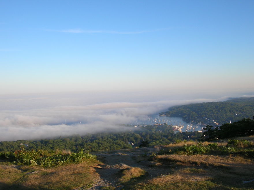 Fog Rolling Into Camden, Maine Harbor