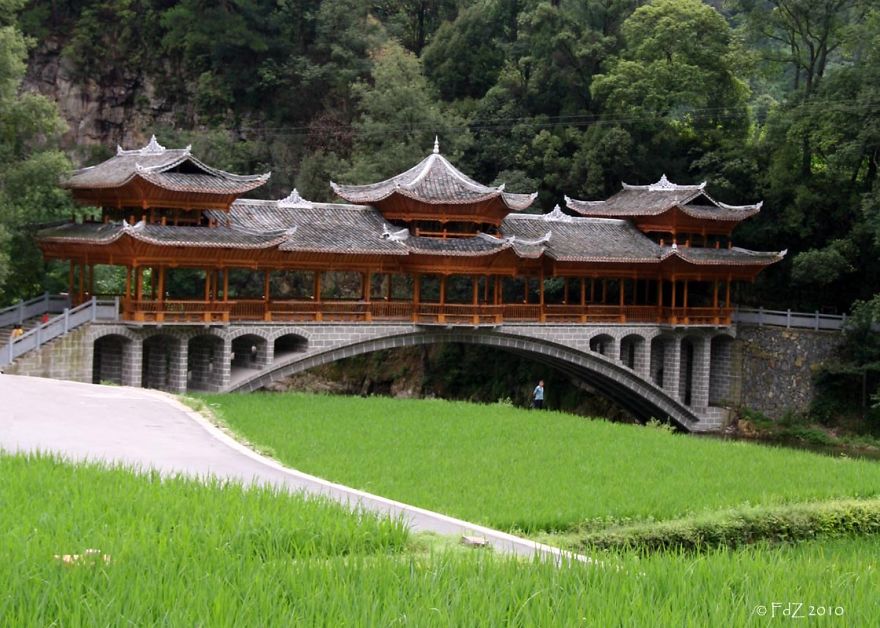 Traditional wooden mystical bridge with curved roofs crossing a lush green landscape surrounded by dense forest trees.