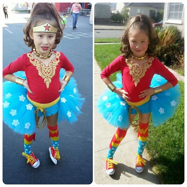 Young girl dressed in a colorful superhero tutu costume standing outdoors for children's Halloween costume ideas.