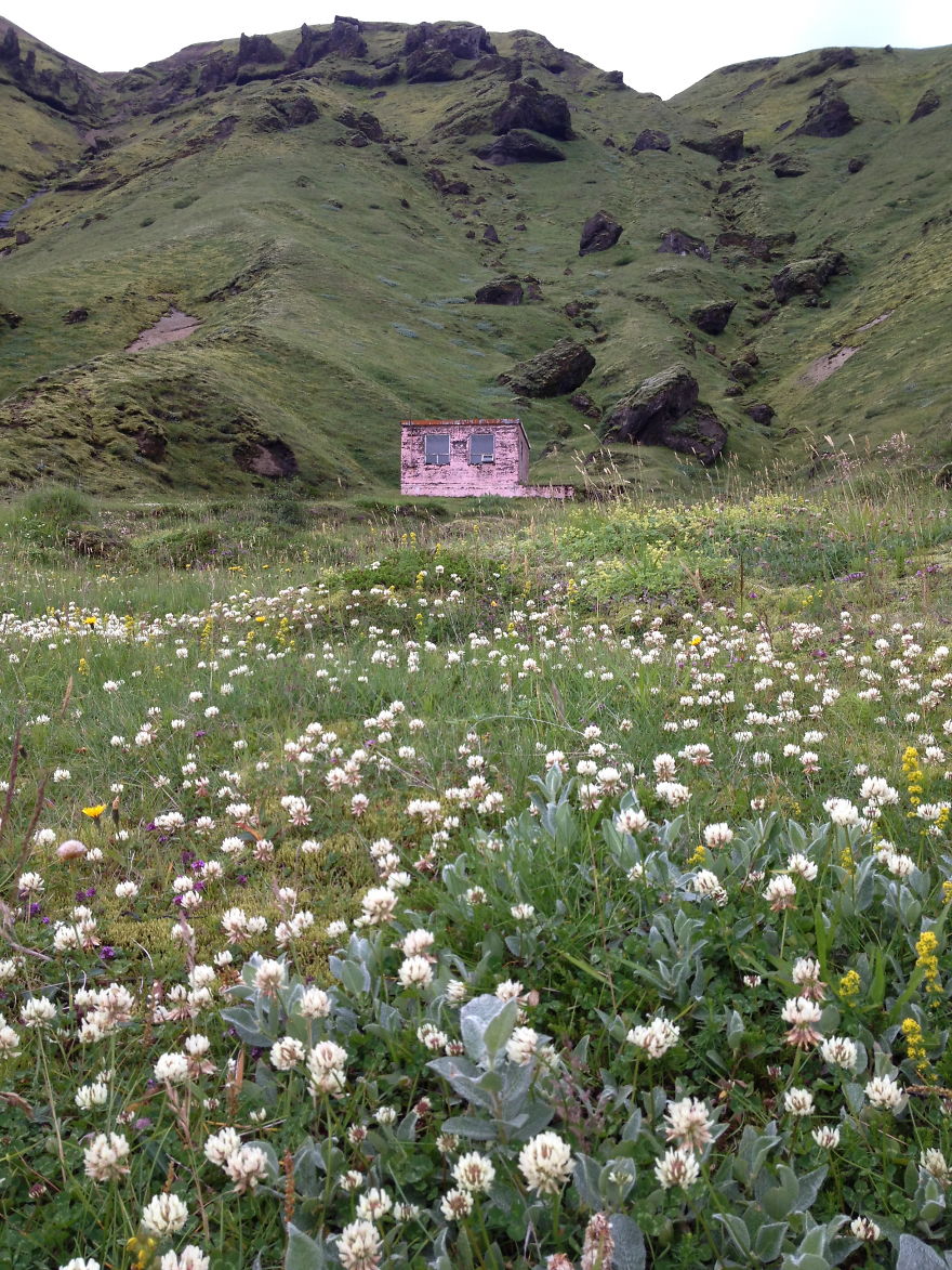Pink Spooky Shelter =), Near Myrdalsjökull Glacier, Iceland