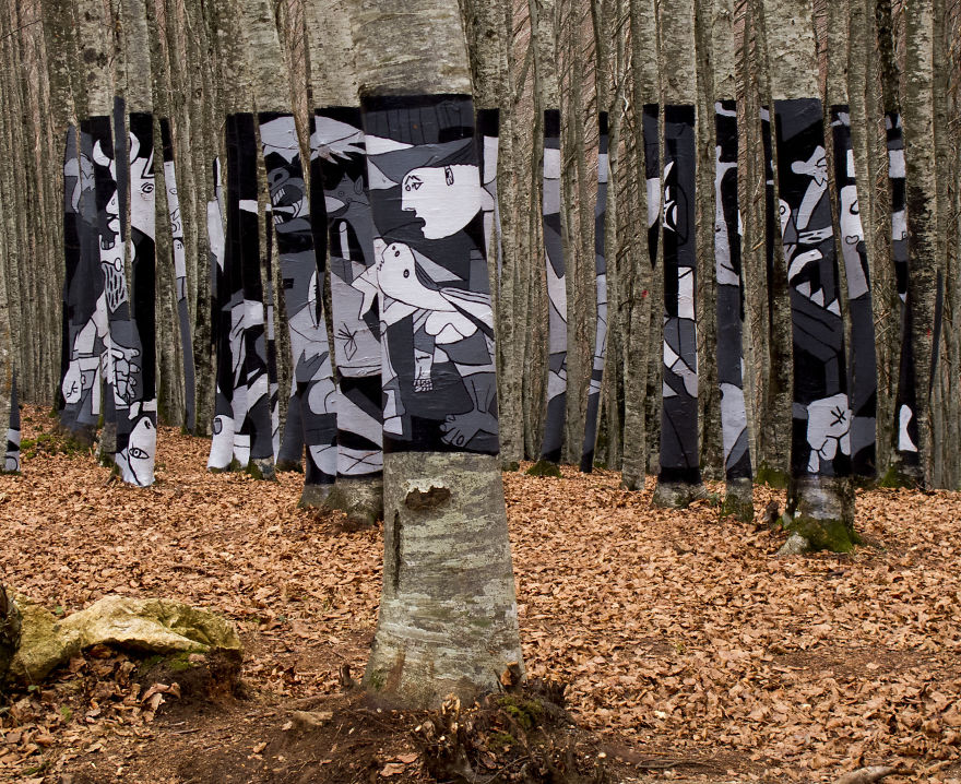 Picasso's "guernica In The Woods", With Bio Paint In Protest Plans To Destroy The Forest. Spain