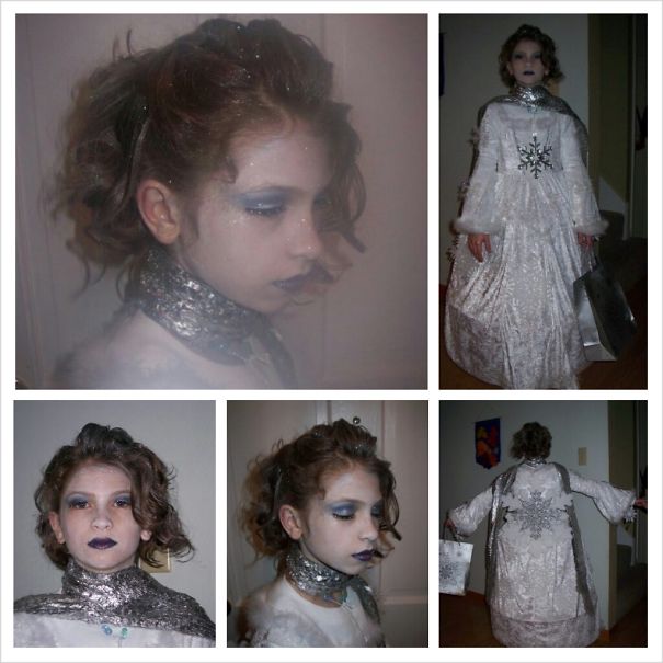 Child in creative Halloween costume with silver makeup and shiny white dress, showcasing unique children's Halloween costume ideas.