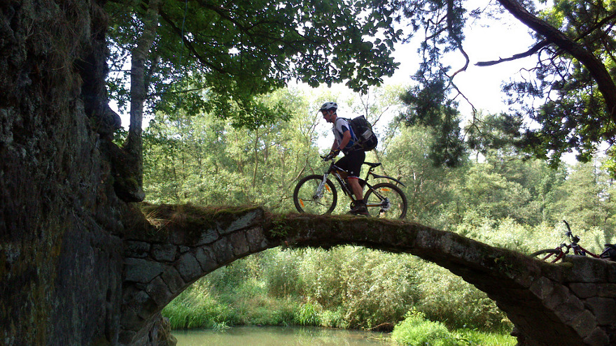 Cyclist crossing a mystical stone bridge surrounded by lush greenery and trees in a serene natural setting.