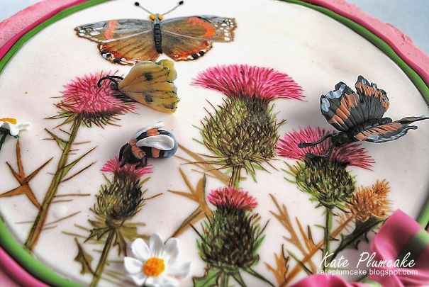 Free Hand Painted Thistles On Fondant