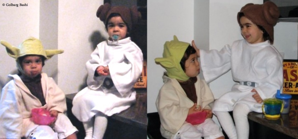 Two children dressed in creative children's Halloween costume ideas inspired by Star Wars characters sitting together.