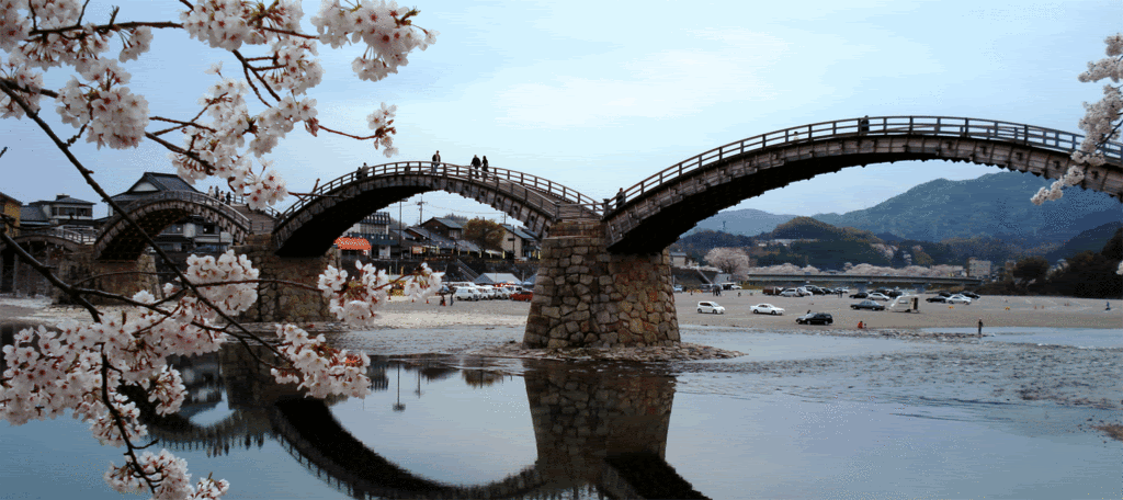Arched wooden mystical bridge over calm river with cherry blossoms and mountains in the background.
