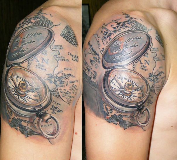 3D tattoo of a detailed compass and map on upper arm, creating a twist on classic tattoo designs.