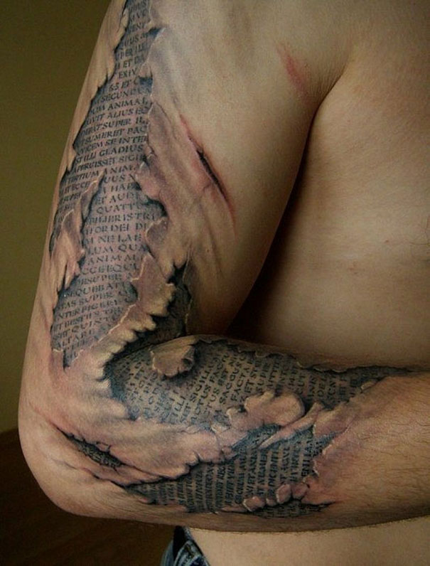 3D tattoo on a person's arm with realistic torn skin revealing text underneath.