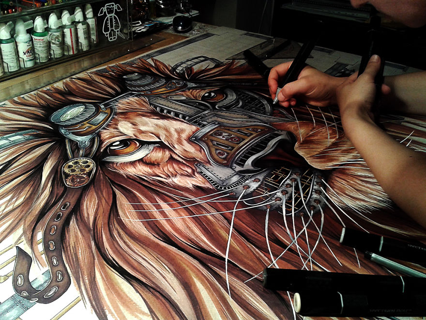 Steampunk Lion: Step By Step From A Blank Page To The Complete Drawing