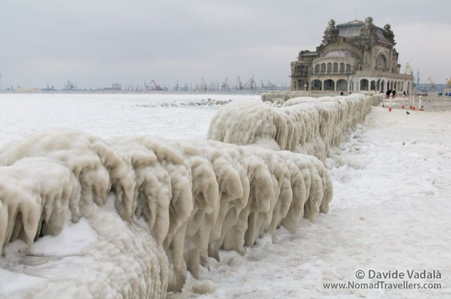 Frozen Black Sea And Casino Constanta