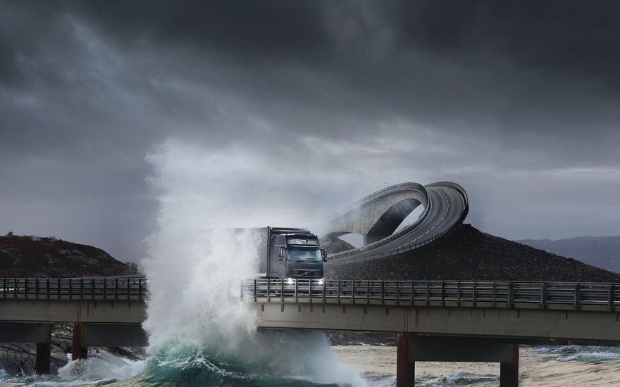 A truck crossing a mystical bridge over stormy ocean waves under dark, dramatic skies, creating an otherworldly scene.